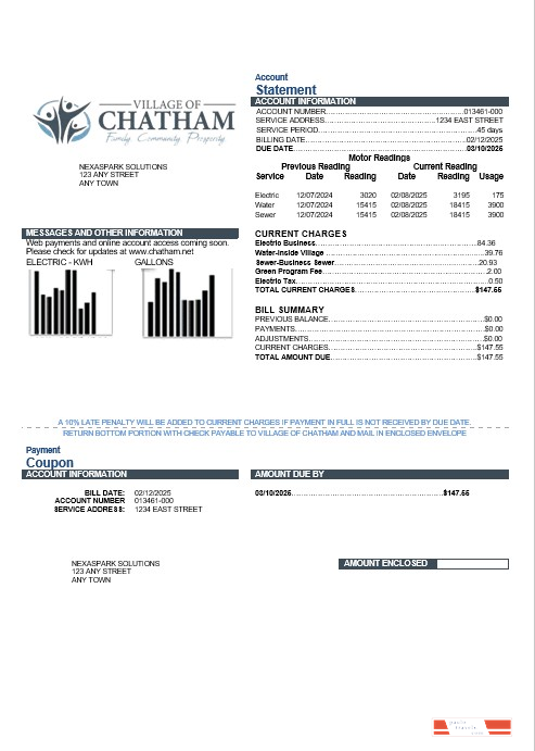 USA Village of Chatham business utility bill template in Word and PDF formats